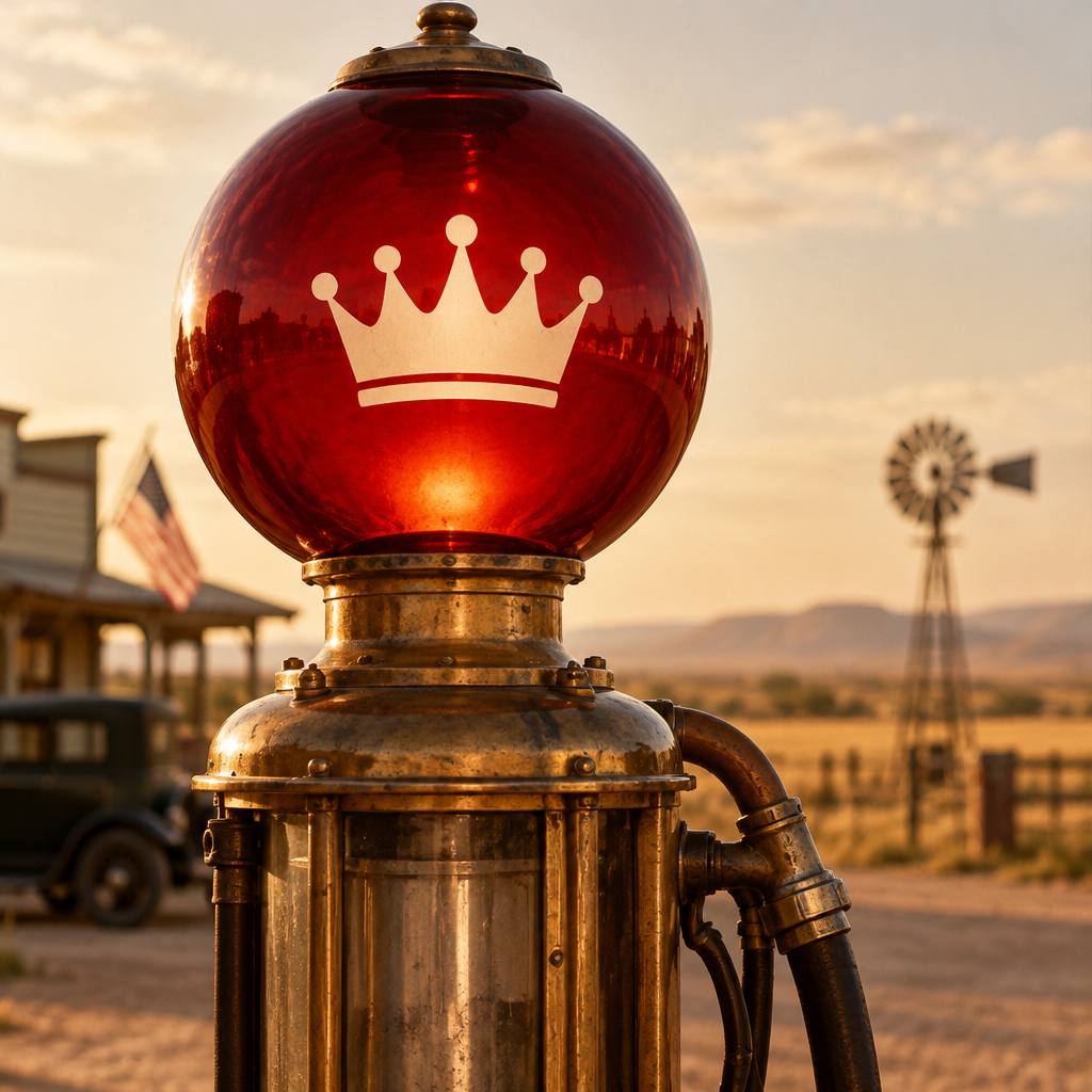 A vintage gas pump topped with a glowing red glass globe bearing a white crown