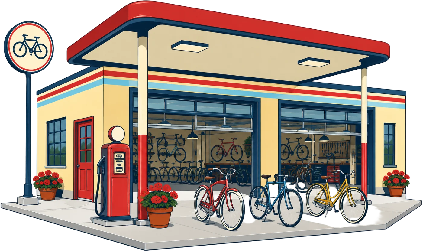 Illustration of Pedalers Corner, a restored filling station turned bike shop